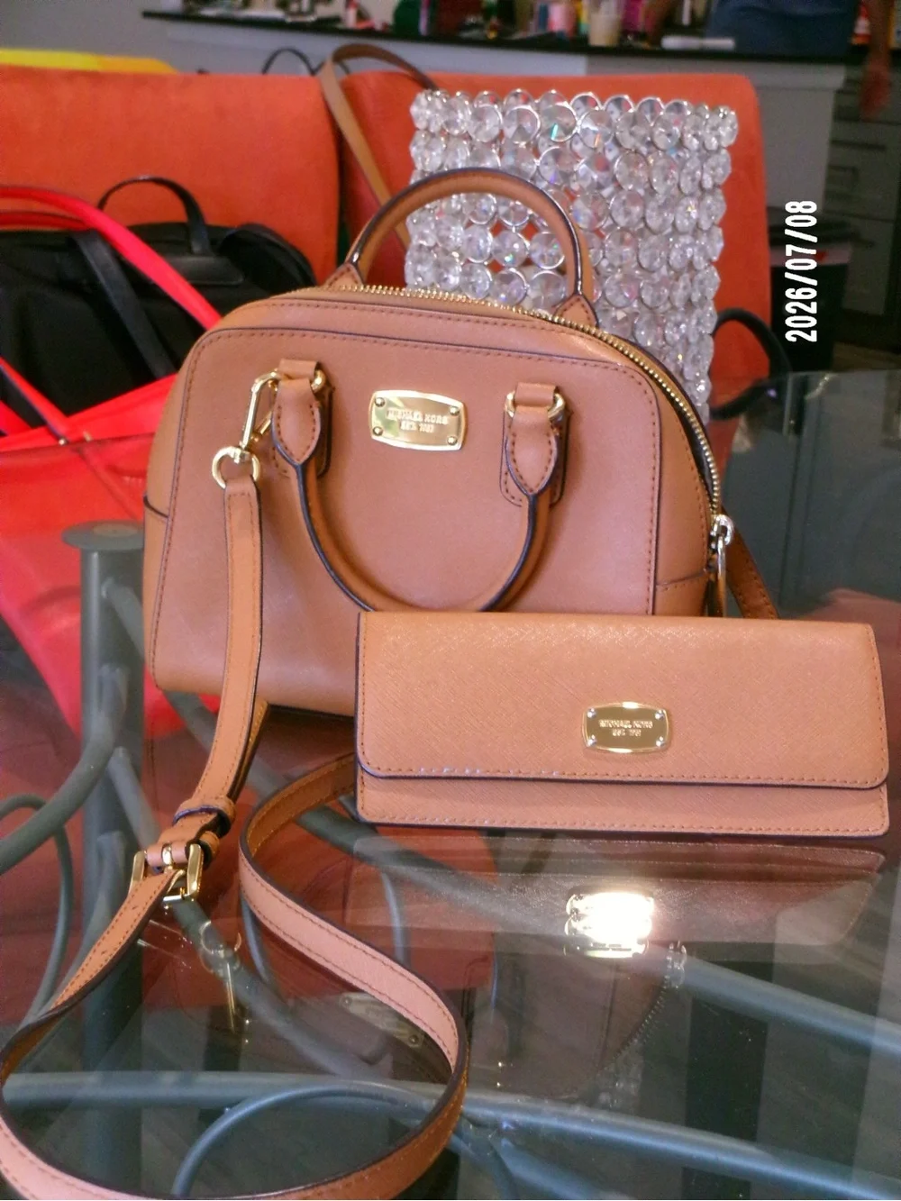 Michael Kors Peach-Tan Mini Dome Satchel with Wallet